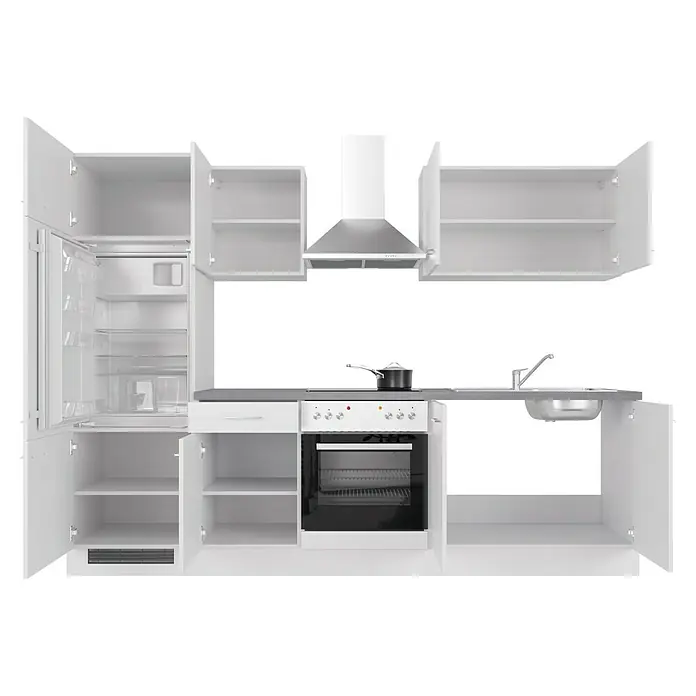 Flex-Well Rom  Küchenzeile Typ 2 - Breite: 270 cm, Weiß, Mit Elektrogeräten - Küchenzeile in Weiß mit Spüle, Herd, Backofen, Kühlschrank und Dunstabzugshaube bietet viel Stauraum und Arbeitsfläche.