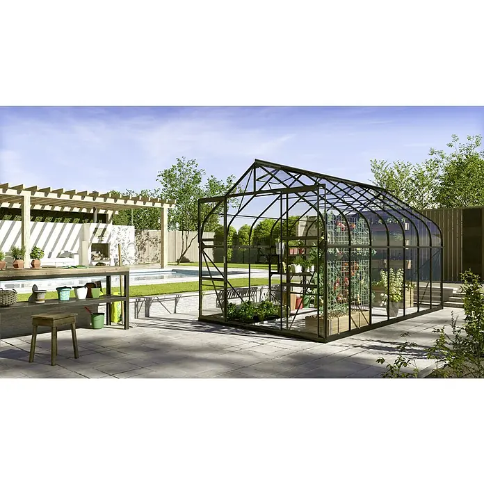 Vitavia Gewächshaus Dione 11500 - Außenmaß inkl. Dachüberstand (B x T): 263,5 x 445 cm, 3 mm, Anthrazit/Schwarz - Ein geräumiges Gewächshaus mit Pflanzen im Garten. Es bietet viel Platz für den Anbau verschiedener Pflanzen und Gemüse.