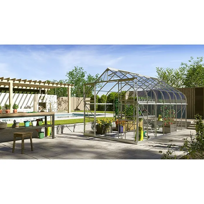 Vitavia Gewächshaus Dione 11500 - Außenmaß inkl. Dachüberstand (B x T): 263,5 x 445 cm, 3 mm, Aluminium - Geräumiges Gewächshaus aus Metall mit Pflanzen, Töpfen und Gartengeräten im sonnigen Garten.