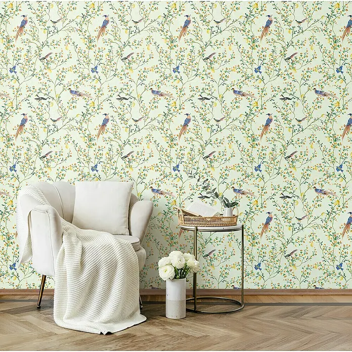 Glööckler Pompöös Provence Vliestapete - Grün/Orange/Gelb, Floral, 10,05 x 0,53 m - Wandbild mit Vogel- und Zitronenmuster, das eine gemütliche Atmosphäre im Raum schafft. Perfekt für Liebhaber von Natur und elegantem Design.