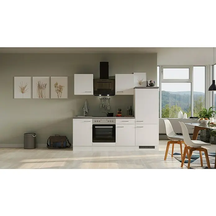 Flex-Well Rom  Küchenzeile Typ 3 - Breite: 220 cm, Weiß, Mit Elektrogeräten - Helles Küchendesign mit weißen Schränken, dunkler Dunstabzugshaube und stilvollen Wandbildern, ergänzt durch einen modernen Essbereich mit Aussicht.