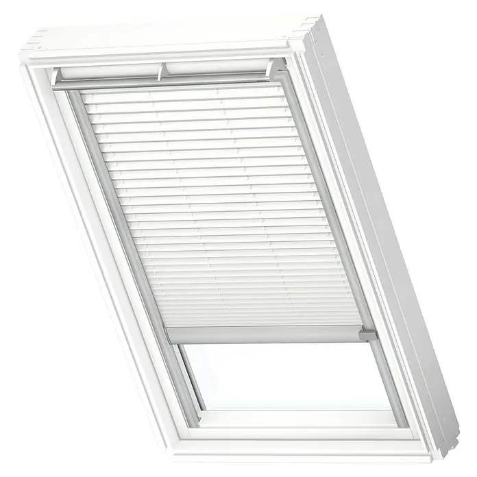 Velux Dachfensterplissee FSL F06 1016K - Farbe: Weiß - 1016K, Farbe Schiene: Aluminium, Solarbetrieben - Helles Dachfenster mit verspannten Faltstores in Weiß für optimale Lichtregulierung und ein modernes Ambiente im Raum.