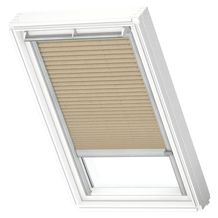 Velux Dachfensterplissee FML SK06 1277K - Farbe: Sandbeige - 1277K, Farbe Schiene: Aluminium, Elektrisch - Ein beigefarbenes Faltrollo für Dachfenster mit weißem Rahmen und Griffleiste, zur Verdunkelung oder als Sonnenschutz.