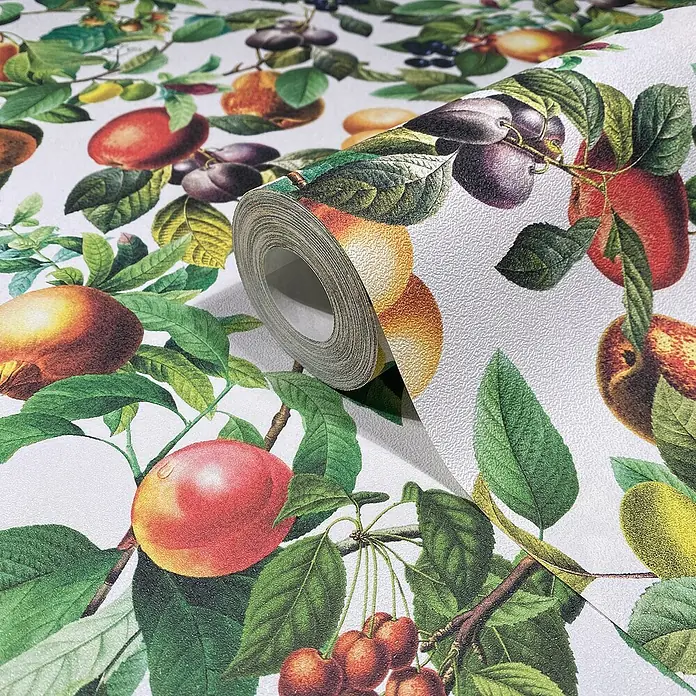 Glööckler Pompöös Provence Vliestapete - Weiß/Grün/Orange, Floral, 10,05 x 0,53 m - Eine Rolle Tapete mit einem Vintage-Fruchtmuster. Perfekt für einen klassischen Look.