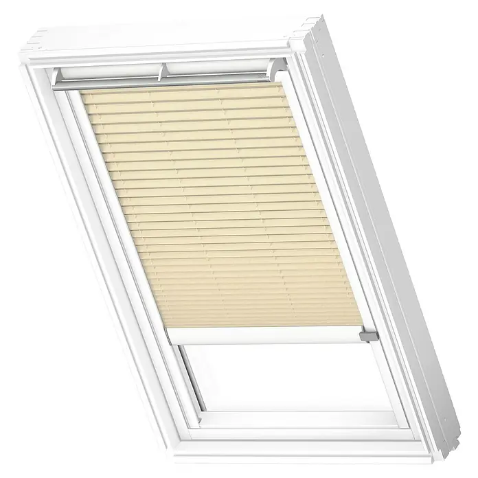 Velux Dachfensterplissee FSL MK10 1278KWLFarbe: Cremebeige - 1278KWL, Farbe Schiene: Weiß, Solarbetrieben - Diagonale Ansicht