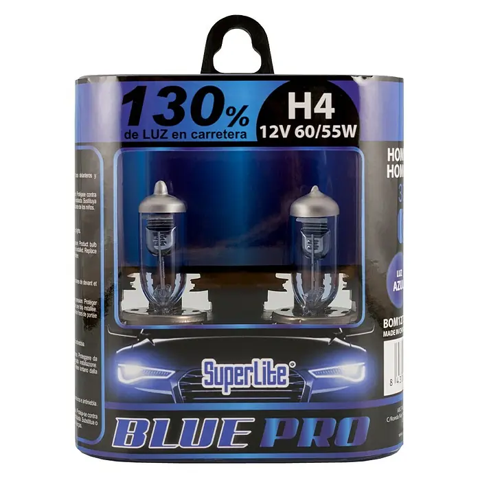 Bombilla para faro delantero BOM12721 - 12 V, 2 ud., Azul - Un paquete de bombillas para coche SuperLite BLUE PRO H4, que promete un 130% más de luz en la carretera, que operan a 12V 60/55W.