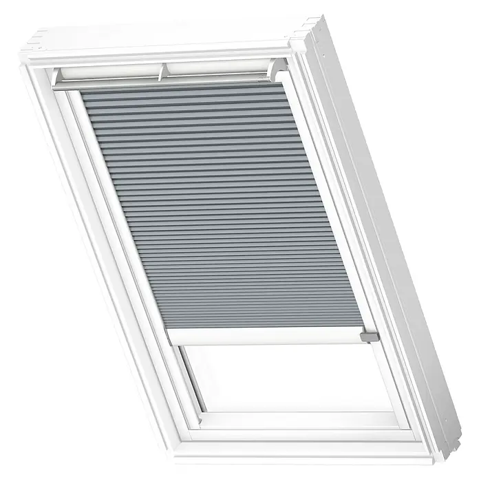 Velux Dachfensterplissee FSC S08 1163KWLFarbe: Betongrau - 1163KWL, Farbe Schiene: Weiß, Solarbetrieben - Diagonale Ansicht