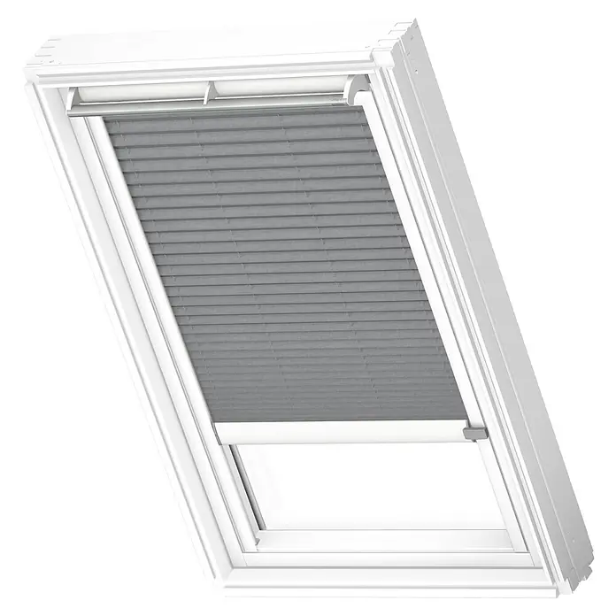 Velux Dachfensterplissee FSL C06 1282KWLFarbe: Grau - 1282KWL, Farbe Schiene: Weiß, Solarbetrieben - Diagonale Ansicht