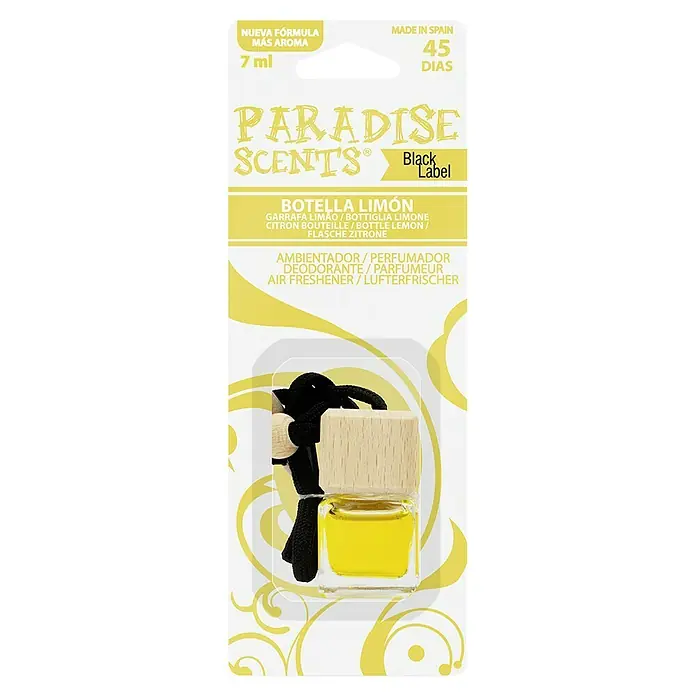 Ambientador de coche para colgar - Limón, 8 sem. - Ambientador Paradise Scents "Bottle Lemon", 7ml, Fabricado en España, dura 45 días.