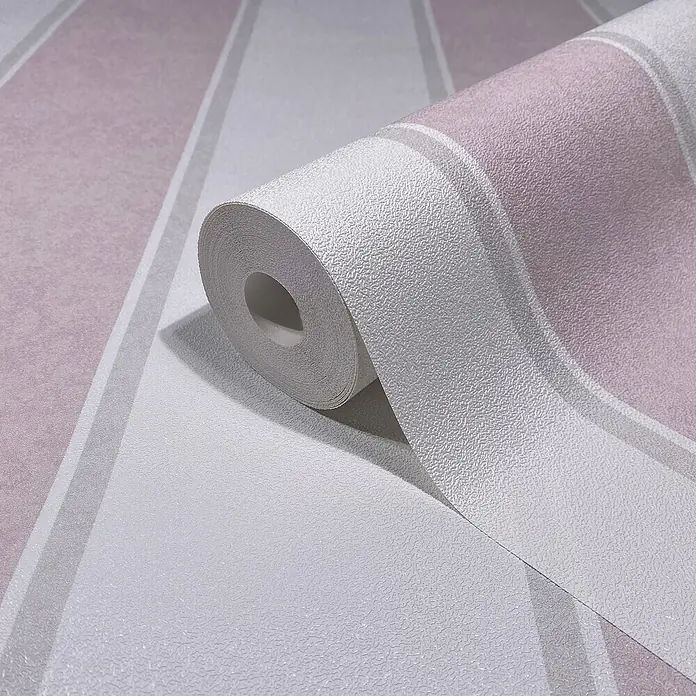 Glööckler Pompöös Provence Vliestapete - Weiß/Rosa, Streifen, 10,05 x 0,53 m - Eine Rolle gestreifte Tapete in Rosa-, Grau- und Weißtönen mit einer leicht strukturierten Oberfläche, die ein stilvolles Design bietet.