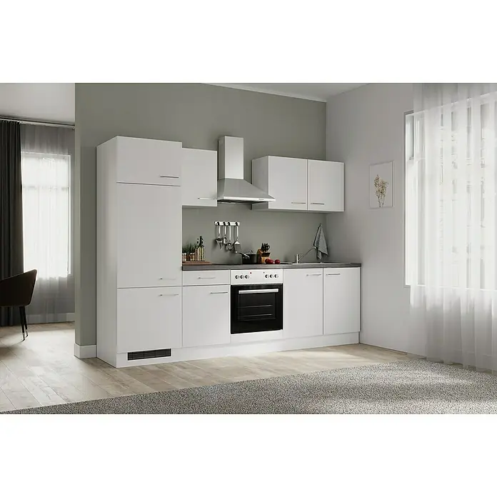 Flex-Well Rom  Küchenzeile Typ 2 - Breite: 270 cm, Weiß, Mit Elektrogeräten - Helles Küchendesign mit weißen Schränken, grauer Arbeitsplatte und modernen Geräten, das eine saubere und funktionale Ästhetik bietet.