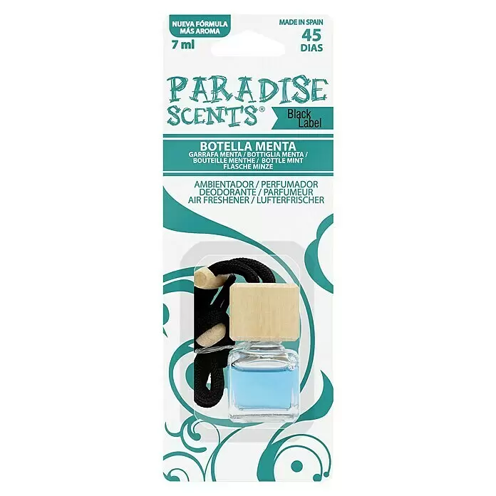Ambientador de coche para colgar - Mentolado, 8 sem. - Pequeño ambientador colgante, botella de cristal con líquido azul claro, tapón de madera y cuerda negra.