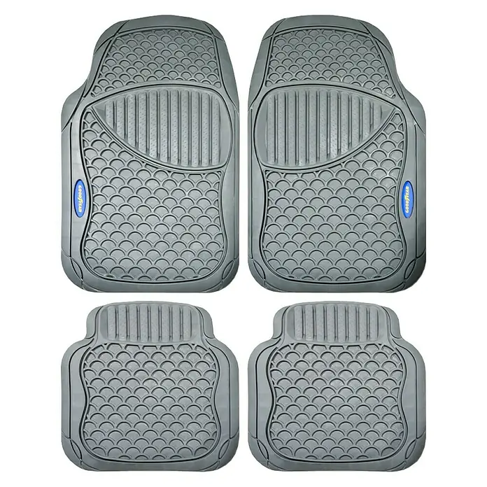 Goodyear Juego de alfombrillas para coche - 4 pzs., Gris - Esta imagen muestra cuatro alfombrillas de piso Goodyear grises y resistentes, diseñadas con un patrón robusto para durabilidad y protección.