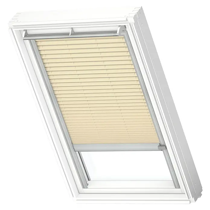 Velux Dachfensterplissee FSL F06 1278K - Farbe: Cremebeige - 1278K, Farbe Schiene: Aluminium, Solarbetrieben - Dachfenster mit beigen Jalousien, die teilweise geöffnet sind, um Licht hereinzulassen. Ideal für Wohnraumgestaltung und Sonnenschutz.
