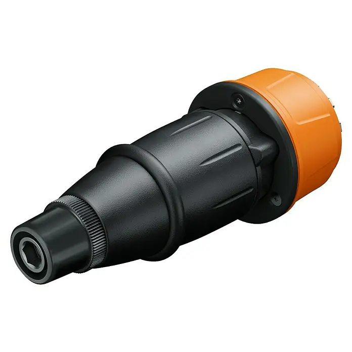 Fein Tiefenanschlag - Passend für: max. Einstellweg von 12 mm mit 0,25 mm Rastung - Nahaufnahme eines Präzisionswerkzeugs mit schwarzem Korpus und orangefarbenem Kopfstück, ideal für detaillierte Arbeiten.