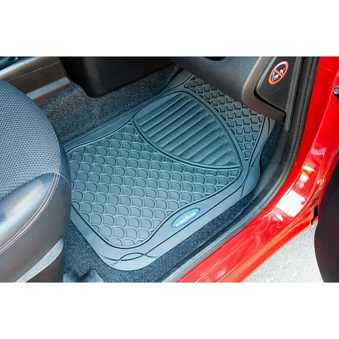Goodyear Juego de alfombrillas para coche - 4 pzs., Gris - Alfombrilla gris Goodyear con diseño de escamas de pez y estrías para proteger el interior del vehículo de la suciedad y el desgaste.