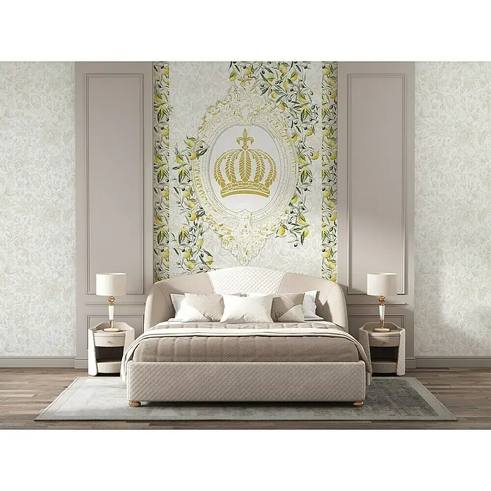 Glööckler Pompöös Provence Fototapete - Weiß/Grün/Gelb, Floral, L x B: 270 x 159 cm - Elegantes Schlafzimmer mit einem beige-farbenen Polsterbett, passenden Nachttischen und Lampen für eine luxuriöse Atmosphäre.