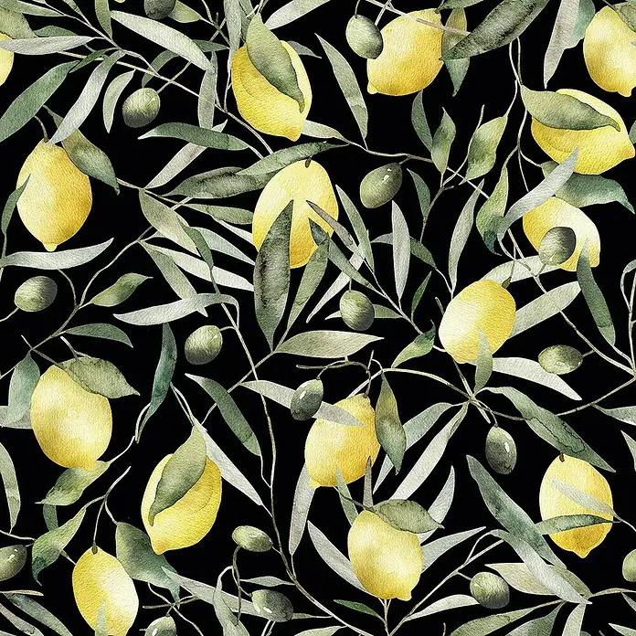 Glööckler Pompöös Provence Vliestapete Zitronen - Schwarz/Grün/Gelb, Floral, 10,05 x 0,53 m - Gelbe Zitronen und grüne Olivenzweige auf schwarzem Hintergrund.