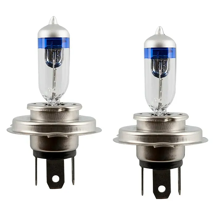 Bombilla para faro delantero BOM12701 - 12 V, 2 ud., Blanco - Dos bombillas halógenas H4 para faros de coche con recubrimiento azul para una luz más blanca. Adecuadas para luces cortas y largas.