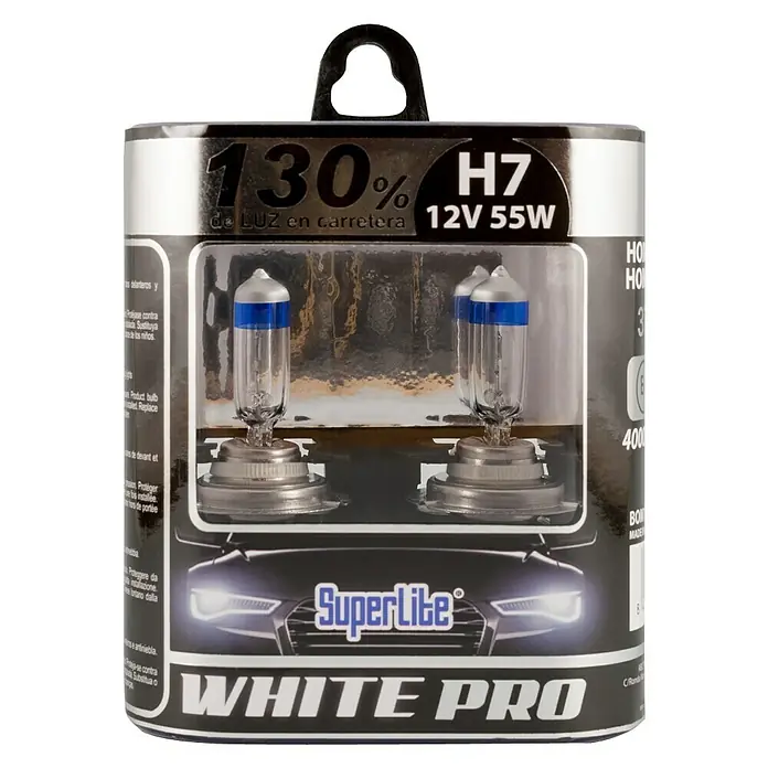 Bombilla para faro delantero BOM12702 - 12 V, 2 ud., Blanco - Primer plano del juego de bombillas Superlite WHITE PRO H7 12V 55W, diseñado para proporcionar hasta un 130% más de luz.