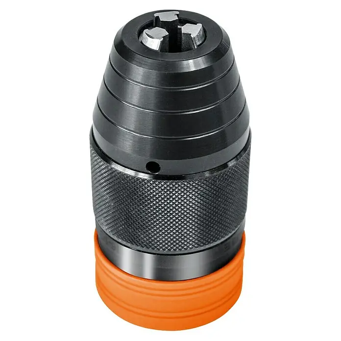 Fein Bohrfutter SKE - Passend für: FEIN Akku-Schrauber mit QuickIN / QuickIN MAX Schnittstelle - Aufnahmevorrichtung für Bohrmaschine mit einem orangefarbenen Ring.