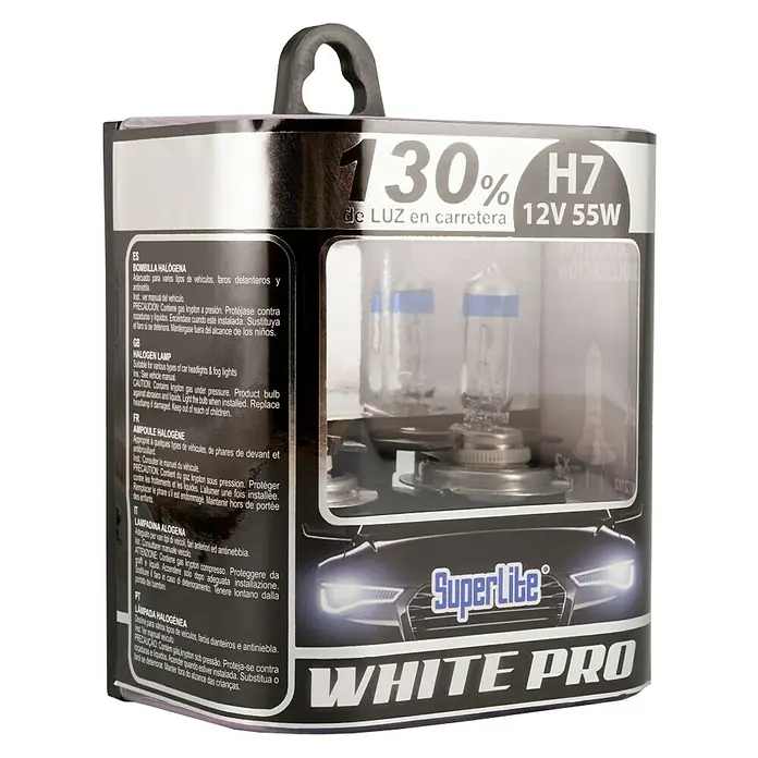 Bombilla para faro delantero BOM12702 - 12 V, 2 ud., Blanco - Paquete de bombillas halógenas Superlite White Pro H7, 12V 55W, prometiendo un 130% más de luz en la carretera.