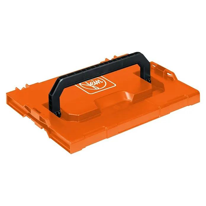 Fein Deckel i-Boxx Rack - Passend für: L-BOXX System, Kunststoff - Oranger Werkzeugsystemkoffer mit schwarzem Griff und Fein-Logo.