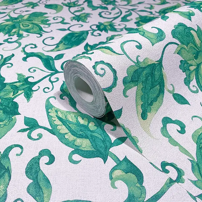Glööckler Pompöös Provence Vliestapete - Grau/Grün, Floral, 10,05 x 0,53 m - Rolle strukturierter Tapete mit wiederholendem grünem Blumen- und Rankenmuster.