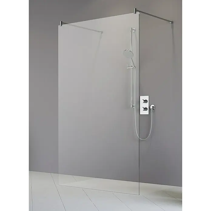 Camargue Vario Duschwand XXL Solo S13 - B x H: 117 x 200 cm, Beschichtet, Silber - Duschabtrennung aus Glas mit minimalistischem Design und silbernen Armaturen. Die Duschwand sorgt für einen modernen Touch im Badezimmer.
