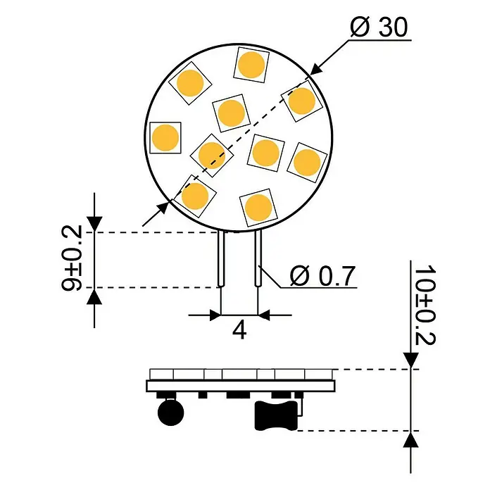Talamex LED-Plättchen für Boote - 1,7 W, 10 V - 30 V, Lichtfarbe: Warmweiß, G (A bis G) - Technische Zeichnung einer LED-Leuchte mit Maßangaben und Details zur Bauweise.