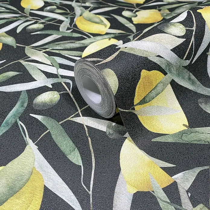 Glööckler Pompöös Provence Vliestapete Zitronen - Schwarz/Grün/Gelb, Floral, 10,05 x 0,53 m - Rolle Dekortapete mit Zitronen- und Olivenmuster auf dunklem Grund, perfekt für stilvolle Innenräume.