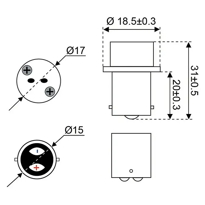 Talamex Sockeladapter für Boote - Sockel: BA15d auf G4 - Technische Zeichnung einer Glühbirne mit Maßangaben zu Durchmesser und Länge.