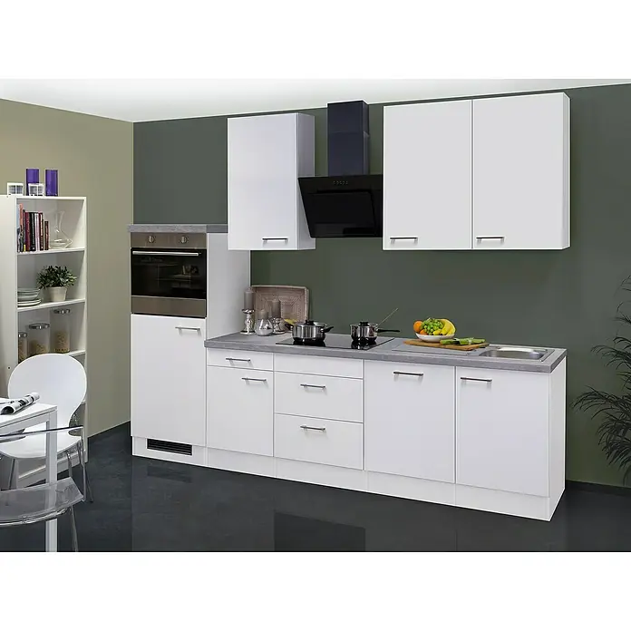 Flex-Well Rom  Küchenzeile Typ 5 - Breite: 280 cm, Weiß, Mit Elektrogeräten - Helle, moderne Küche mit weißen Schränken, Kochfeld und Spüle. Viel Stauraum und elegantes Design für ein angenehmes Kocherlebnis.