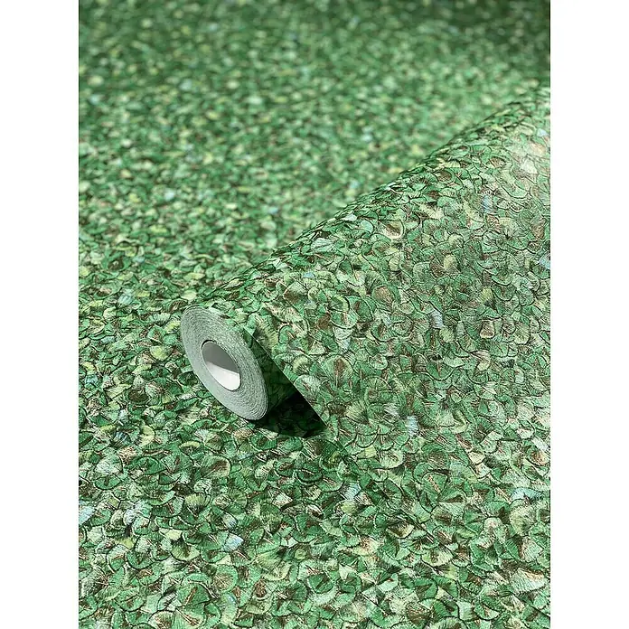 Glööckler Pompöös Provence Vliestapete Basic - Grün, Uni, 10,05 x 0,7 m - Eine Rolle gemusterte, grüne Tapete mit einem Design, das an Blätter oder Federn erinnert. Ideal für Akzentwände oder zur Dekoration von Räumen.