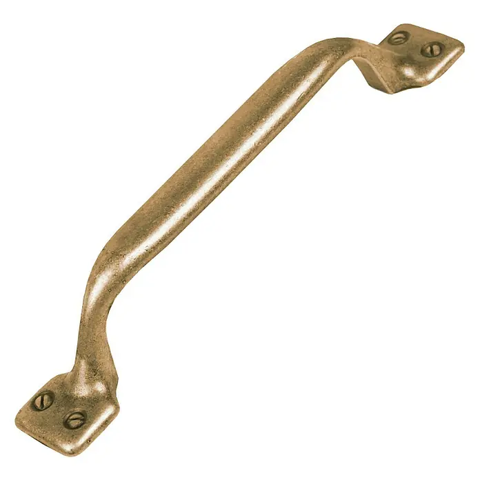 Nesu Tirador para muebles 22731 - L x An x Al: 12,7 x 1,2 x 2,3 cm, Acero - Primer plano de una elegante manija de mueble de bronce, destacando su diseño clásico y las placas de montaje con tornillos.