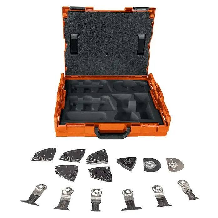 Fein Zubehör-Set Starlock L-Boxx 102 - Passend für: Fein Multimaster & Starlock-Multifunktionswerkzeuge, 35 -tlg. - Oranger Werkzeugkoffer mit schwarzer Schaumstoffeinlage und verschiedenen Oszillierwerkzeug-Sägeblättern und Schleifpads.