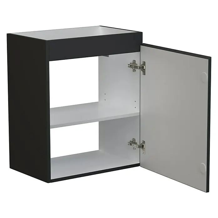 Camargue Espacio Waschtischunterschrank - 50 x 33 x 60 cm, Gama anthrazit matt - Ein moderner Hängeschrank in Schwarz und Weiß mit offener Tür, der sein Innenleben und Stauraum zeigt. Das Möbelstück ist funktional und stilvoll.