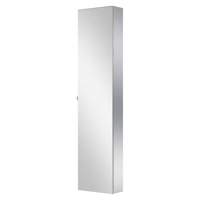 Camargue Espacio Spiegel-Hochschrank - 40 x 17 x 170 cm - Bild eines hochglanzpolierten Spiegelschranks in Silber mit einer Tür, die mit einem minimalistischen Griff versehen ist, ideal für das Badezimmer.