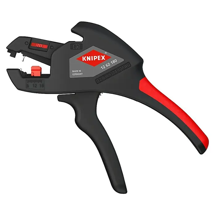 Knipex Abisolierzange ComStrip - Passend für: ein-, mehr- und feindrähtige Leiter von 0,2 bis 6 mm² - Knipex 12 62 180 Abisolierzange, schwarz mit roten Akzenten, für 0,2-6mm²/24-10AWG.