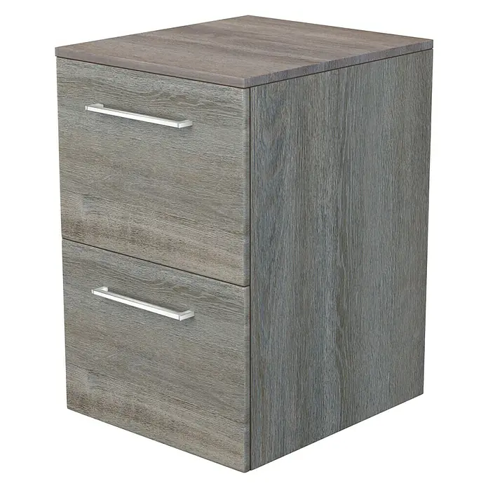Camargue Espacio Unterschrank - 40 x 46 x 60 cm, Faro - Ein grauer Badezimmerschrank mit zwei Schubladen und silbernen Griffen, ideal für stilvolle Badezimmeraufbewahrung.