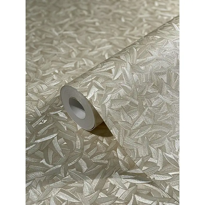 Glööckler Pompöös Provence Vliestapete Basic - Beige, Floral, 10,05 x 0,7 m - Eine Rolle cremefarbener Tapete mit einem geprägten Blattmuster für eine elegante und natürliche Wandgestaltung.