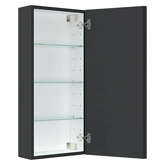 Camargue Espacio Hängeschrank - 40 x 17 x 90 cm, Gama anthrazit matt - Ein grauer Spiegelschrank mit einer offenen Tür, der drei Glasregale im weißen Innenraum zeigt.