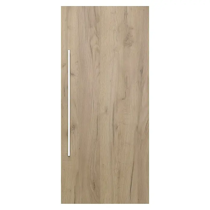 Camargue Espacio Hängeschrank - 40 x 17 x 90 cm, Farbe Griff: Chrom, Doce - Detailansicht einer Küchenfront in Eiche mit einem langen, geradlinigen Griff, der das moderne Design unterstreicht.