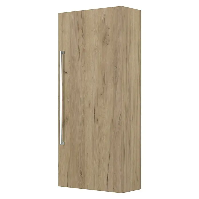 Camargue Espacio Hängeschrank - 40 x 17 x 90 cm, Farbe Griff: Chrom, Doce - Ein einzelner Hängeschrank mit einer markanten, langen, silberfarbenen Griffleiste. Die Front zeigt eine helle Holzoptik mit natürlicher Maserung.
