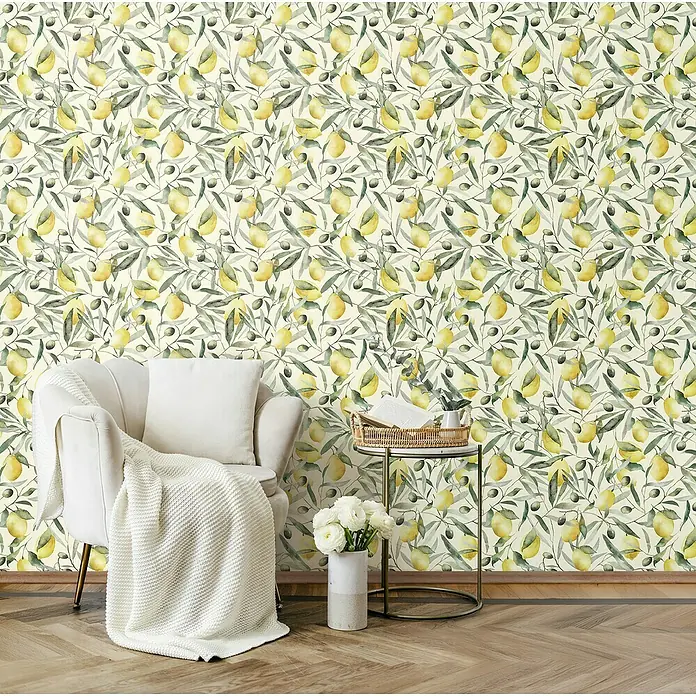 Glööckler Pompöös Provence Vliestapete Zitronen - Beige/Grün/Gelb, Floral, 10,05 x 0,53 m - Dekorative Tapete mit Zitronenmuster, die jedem Raum einen Hauch von Frische verleiht. Das lebendige Design bringt sommerliche Atmosphäre ins Haus.