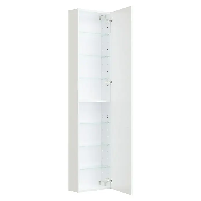 Camargue Espacio Hochschrank40 x 17 x 170 cm, Farbe Griff: Chrom, Mira - Ein offener, weißer Badezimmerschrank mit mehreren Glasregalen zur Aufbewahrung von Badutensilien und zur Organisation des Badezimmers.