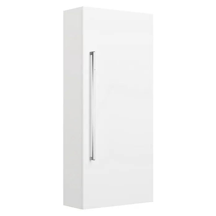 Camargue Espacio Hängeschrank - 40 x 17 x 90 cm, Farbe Griff: Chrom, Mira - Nahaufnahme eines weißen Küchenschranks mit einem langen, silbernen Griff, der eine moderne und elegante Optik vermittelt.\n