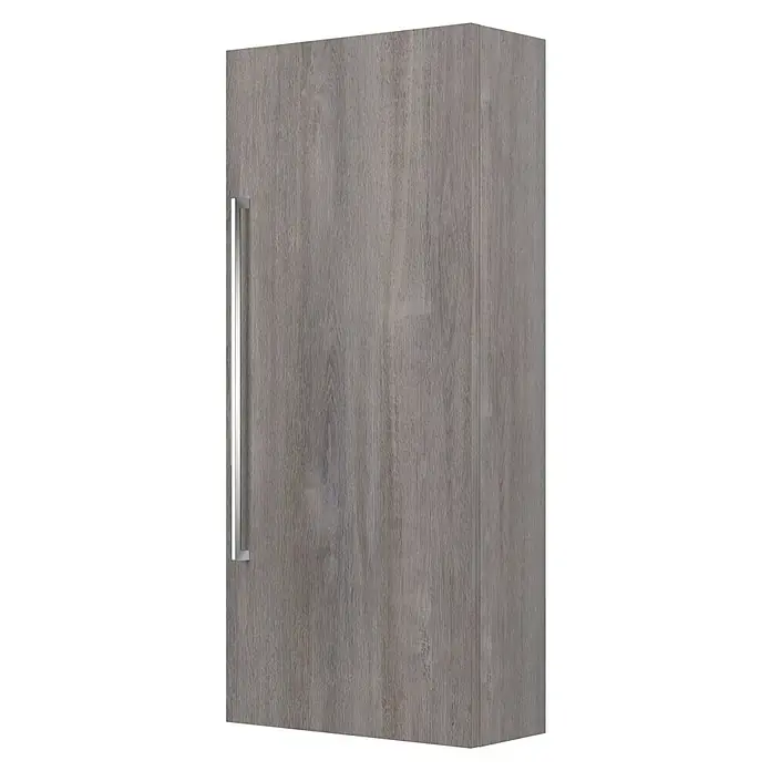 Camargue Espacio Hängeschrank - 40 x 17 x 90 cm, Farbe Griff: Chrom, Faro - Ansicht eines grauen Küchenschranks mit Holzmaserung und einem langen, schlanken, silberfarbenen Griff an der linken Seite.