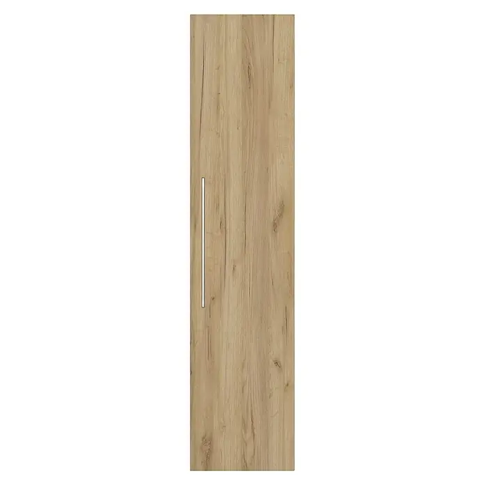 Camargue Espacio Hochschrank - 40 x 17 x 170 cm, Farbe Griff: Chrom, Doce - Nahaufnahme einer hellbraunen Schranktür mit Holzstruktur und einem langen, vertikalen Griff.