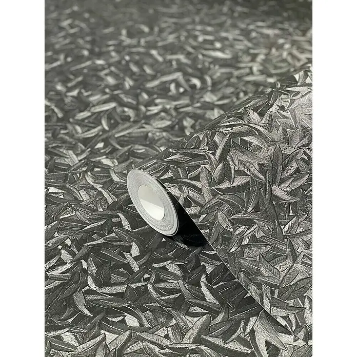 Glööckler Pompöös Provence Vliestapete Basic - Schwarz, Floral, 10,05 x 0,7 m - Rollenbild der schwarzen Blättertapete mit geprägter Textur, perfekt für eine stilvolle Wandgestaltung.